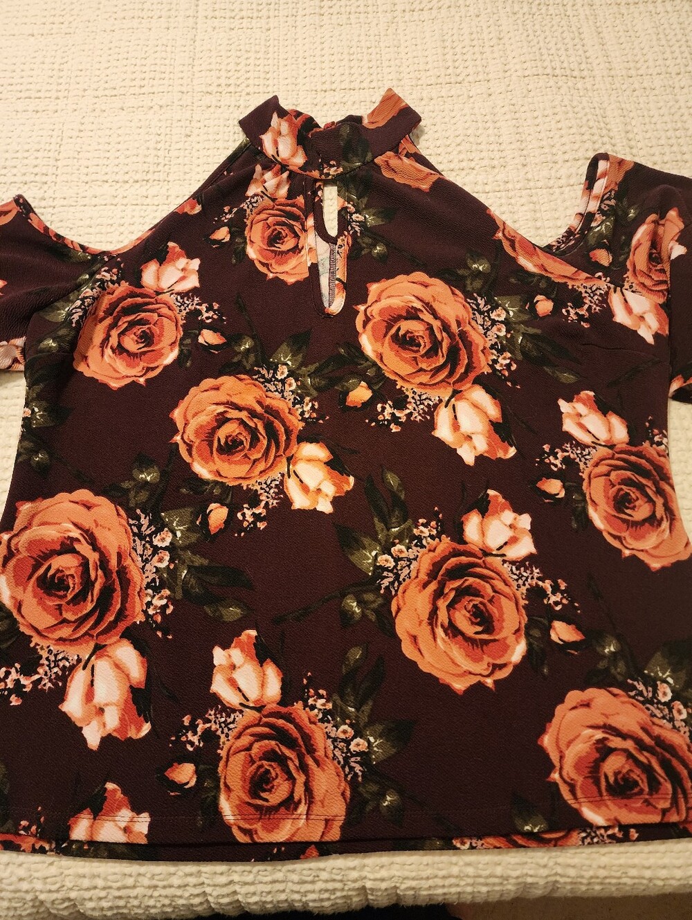 Venus Rose Floral Cold-Shoulder Top Burgundy Pink Ruffled Sleeves 1X Coquette